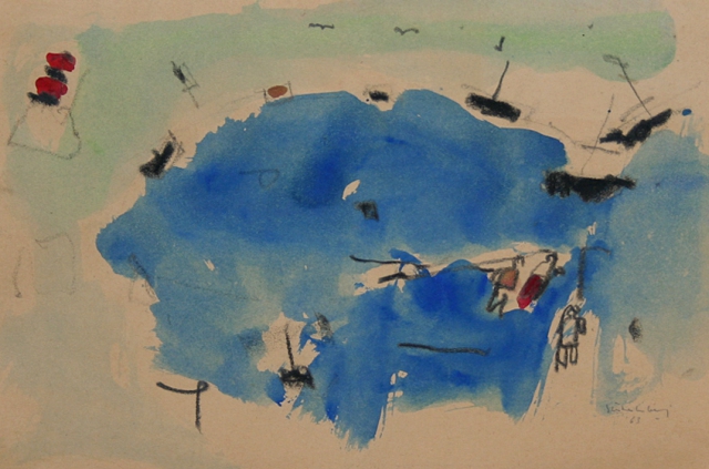 Jan Stekelenburg, 1963, gemengde techniek op papier. Meer met bootjes.